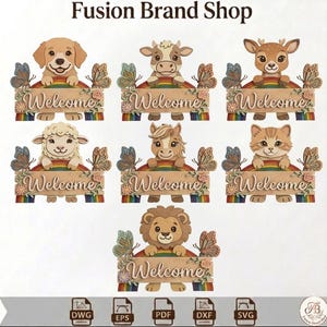 May include: Wooden welcome signs featuring various animals, including a dog, cow, deer, sheep, horse, cat, and lion. Each sign has a rainbow, butterflies, and the word "Welcome". The signs are suitable for home decor.