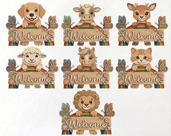 May include: Wooden welcome signs featuring various animals, including a dog, cow, deer, sheep, horse, cat, and lion. Each sign has a rainbow, butterflies, and the word "Welcome". The signs are suitable for home decor.