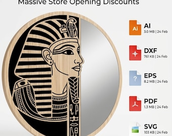 May include: Round mirror with a wooden frame featuring a black and tan Egyptian pharaoh design. The mirror has the text "Fusion Brand Shop Massive Store Opening Discounts" and file type icons.