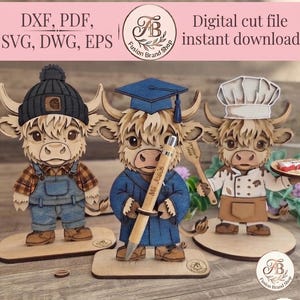 Ensemble de trois vaches des Highlands (SVG), fichiers de découpe laser pour bois, cuisine et décoration de remise de diplômes, projets laser originaux de 3 mm, fichier vectoriel compatible Glowforge