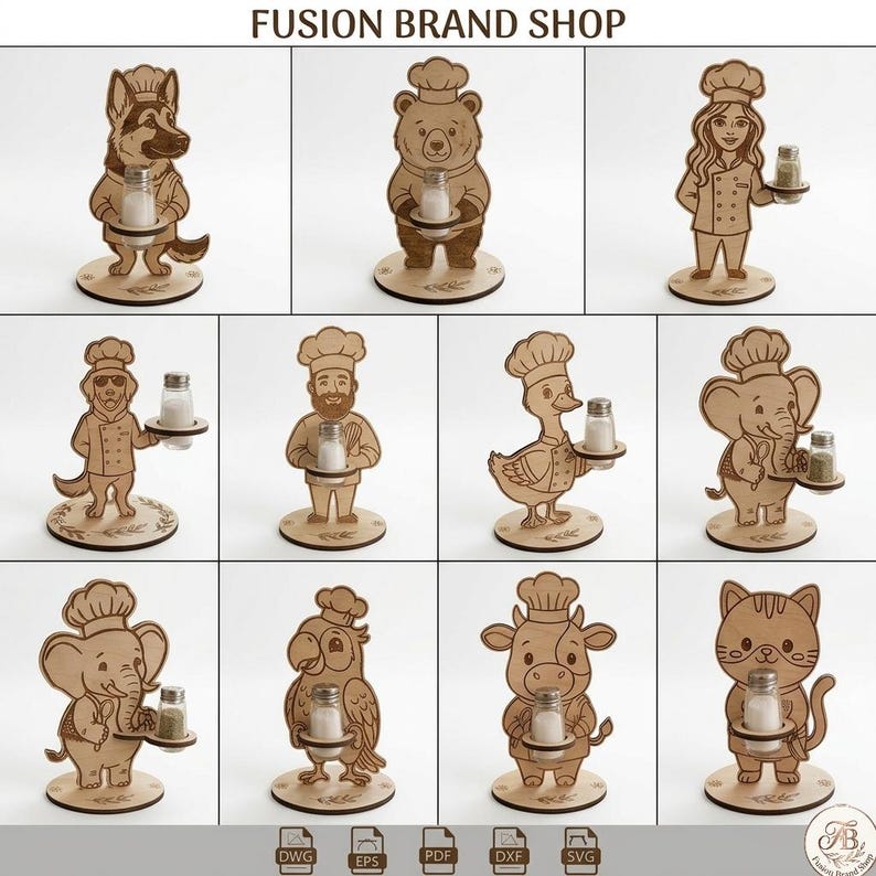 May include: A collection of wooden salt and pepper shaker holders in the shape of various animals and a chef. Each holder is light brown and features a unique animal design, including a dog, bear, and cat, holding a salt or pepper shaker.