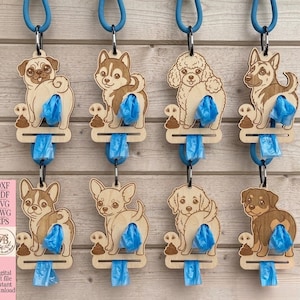 May include: Eight wooden dog-shaped waste bag dispensers hanging from blue cords. Each cutout features a different dog breed with a slot for a blue plastic bag to pull through. The text DXF, PDF, SVG, DWG, EPS and Digital instant download is visible.