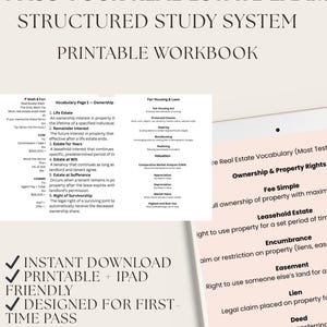 May include: A printable real estate exam workbook with the title "PASS YOUR REAL ESTATE EXAM" in large text. The workbook includes vocabulary pages, fair housing laws, and ownership and property rights information. The text "INSTANT DOWNLOAD PRINTABLE + IPAD FRIENDLY DESIGNED FOR FIRST-TIME PASS" is also visible.