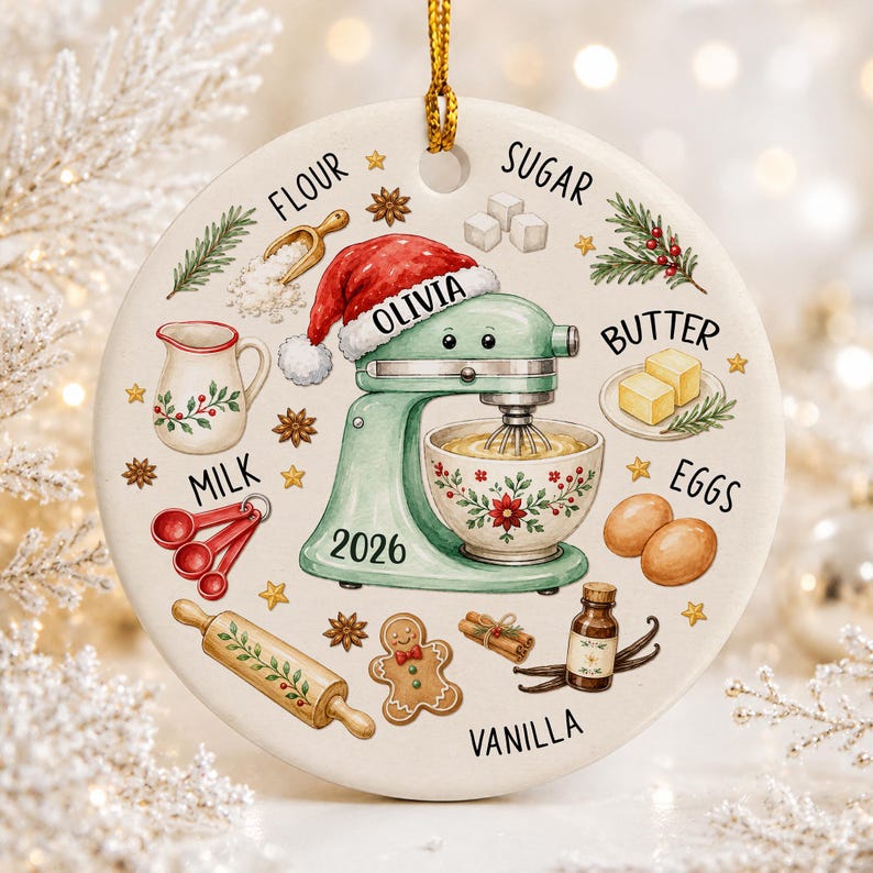 May include: A round white ceramic ornament featuring a mint green stand mixer wearing a Santa hat with the name Olivia and the year 2026. Surrounding the mixer are illustrations of baking ingredients labeled flour, sugar, butter, eggs, milk, and vanilla.