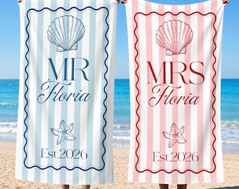 Custom Mr & Mrs Beach Towel,  Couple Honeymoon Pool Towel, Wedding Gifts, Gifts For Groom, Bride Gifts, Engagement Gifts, Bridal Shower Gift