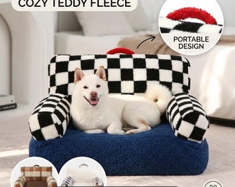 Orthopedic dog sofa with carrying handle, luxury teddy fleece dog bed, washable, joint-friendly travel sofa for dogs & cats "Cloud Carry"