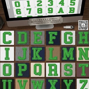 May include: A digital varsity embroidery bundle with green embroidered letters and numbers. The letters A to Z and numbers 0 to 9 are shown on fabric swatches. The words "Varsity Embroidery Bundle" are at the top of the image.