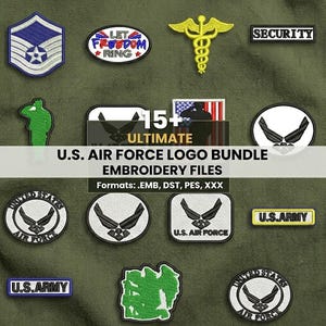 May include: A collection of embroidered patches and logos, including U.S. Air Force emblems, a medical symbol, and text that reads "SECURITY" and "LET FREEDOM RING." The image also includes the text "U.S. AIR FORCE LOGO BUNDLE EMBROIDERY FILES."