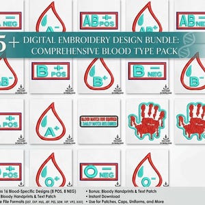 May include: A digital embroidery design bundle featuring various blood type patches, including A, B, AB, and O, with positive and negative designations. The designs are in red and teal, with a text patch that reads "BLOOD MATCH RER EQUIRED DAILY MATCH RED DARRED".