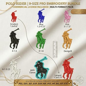 Könnte beinhalten: Ein digitales Stickmuster-Bundle mit neun Polo-Reiter-Designs in verschiedenen Farben, darunter Rot, Blau, Rosa, Grün und Gold. Größen variieren von 4.06x1.52cm bis 3.3x12.01cm. Enthält eine kommerzielle Lizenz und ein Multi-Format-Paket.
