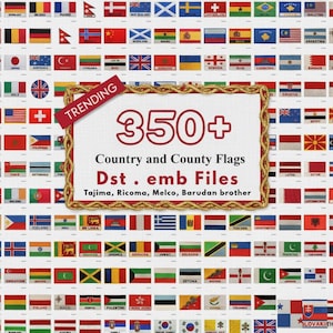 Könnte beinhalten: Eine Anordnung von über 350 Länder- und County-Flaggen in einem Raster. Ein Banner mit der Aufschrift "TRENDING" befindet sich oben links. Das zentrale Schild zeigt "350+ Country and County Flags Dst. emb Files".