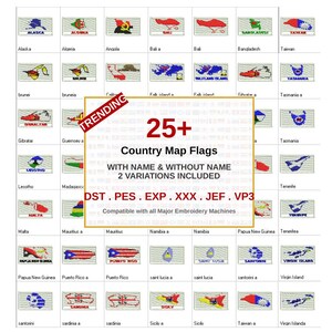 Country Map Flag Embroidery Bundle, 25+ Designs, With/Without Name (Instant Download)