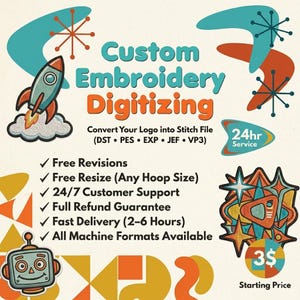 Puede incluir: Gráfico de estilo retro que promociona servicios de digitalización de bordados personalizados. El diseño presenta un cohete, un robot y formas estilizadas en verde azulado, naranja y amarillo. El texto incluye "Custom Embroidery Digitizing" y detalles del servicio.