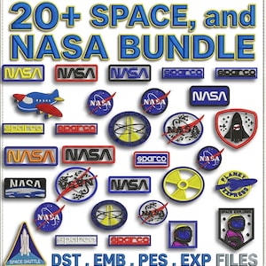 Könnte beinhalten: Eine Sammlung von aufgestickten Aufnähern mit Weltraum- und NASA-Motiven. Die Aufnäher zeigen Logos, eine Rakete und ein Flugzeug. Der Text "20+ SPACE, and NASA BUNDLE" ist oben zu sehen. Verschiedene Formen und Größen.
