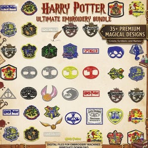 Lot de motifs de broderie magiques Harry Wizard | Blason d'école fantastique, symboles (téléchargement numérique)