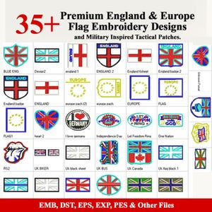 May include: A collection of embroidered patches featuring various flag designs, including England, Europe, and other military-inspired tactical patches. The patches showcase diverse shapes and colors, with text such as "England" and "Europe".