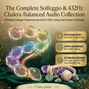 May include: The Complete Solfeggio & 432Hz Chakra-Balanced Audio Collection features 9 frequencies and 432Hz tuning. Each of the 10 tracks is 20 minutes long. The graphic displays crystal-shaped icons with text, light beige headphones, and amethyst stones.