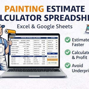 May include: Illustration of a laptop displaying a painting estimate calculator spreadsheet. A painter with a paint roller and bucket stands beside the laptop. Text includes "PAINTING ESTIMATE CALCULATOR SPREADSHEET" and "Estimate Jobs Faster."