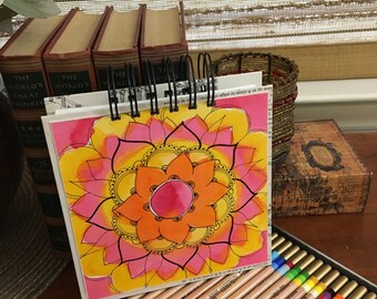 6" square handmade spiral bound blank sketchbook with ORANGE MARMALADE mandala cover