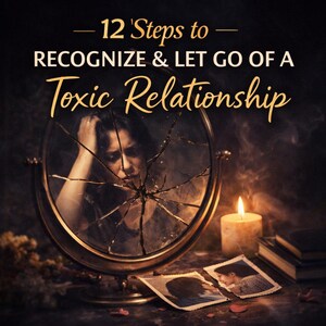 May include: Image with text: "12 Steps to Recognize & Let Go of a Toxic Relationship." A woman is reflected in a broken mirror. A lit candle and two photographs are on a dark surface.