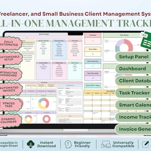 Può includere: Uno schermo di un laptop mostra un foglio di calcolo del sistema di gestione dei clienti. Il foglio di calcolo include sezioni per l'impostazione, la dashboard, il database dei clienti, il monitoraggio delle attività e il generatore di fatture. Il testo sullo schermo recita "VA, Freelancer, and Small Business Client Management System ALL-IN-ONE MANAGEMENT TRACKER."