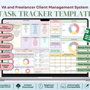 Pode incluir: Um ecrã de computador portátil exibe um modelo de rastreamento de tarefas para gerenciamento de clientes VA e freelancers. O modelo inclui seções para configuração, painel, banco de dados de clientes, gerenciador de tarefas e um calendário inteligente. Inclui configuração personalizável.