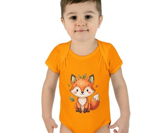 Personalized Cute Watercolor Autumn Fox Baby Onesie  Custom Name Bodysuit  Woodland Leaf Fox Onesie - First Birthday Gift - Baby Shower Gift