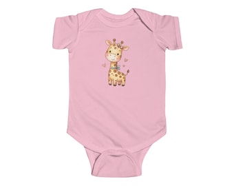Adorable Baby Shower Gift: Custom Watercolor Giraffe Baby Bodysuit - Unisex Toddler Apparel - Newborn Girl Outfit with Pink Heart Details