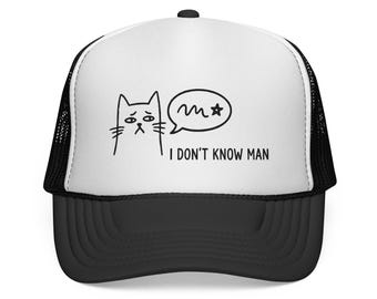 Funny Anxious Cat Trucker Hat, Nervous Doodle Cat Foam Mesh Back Cap, Weirdcore Aesthetic Snapback, Minimalist Meme Cat Hat,