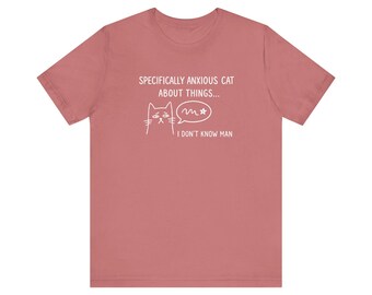 Anxious Cat Meme T-Shirt, Minimalist Doodle Art Graphic Tee