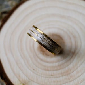 Op de afbeelding: Een goudkleurige ring met een wit geweven patroon en gouden accenten. De ring ligt op een houten oppervlak, wat de fijne details benadrukt. Een uniek sieraad.