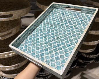 Blue Mother of Pearl Rectangle Tray, Handmade Coastal Serving Decor