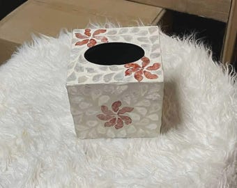 Mother of Pearl Cover, Shell Inlay Holder, Coastal Vanity Decor, Square Organizer