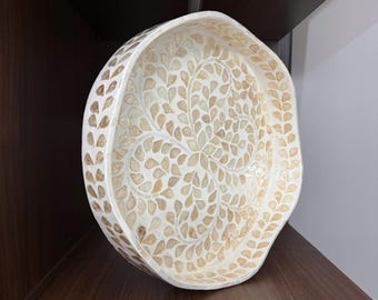 Mother of Pearl Round Tray, Shell Inlay Serving Tray, Handmade Home Decor Gift