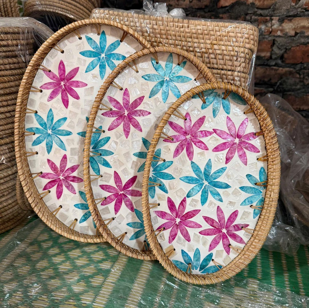 Mother of Pearl Rattan Nesting Trays Set of 3, Capiz Shell Oval Serving ...