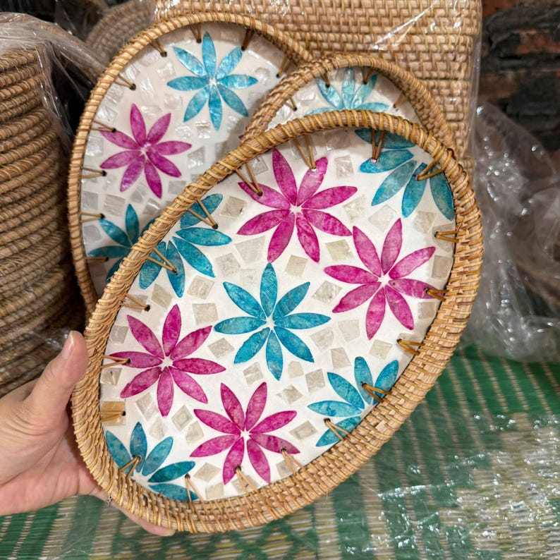 Mother of Pearl Rattan Nesting Trays Set of 3, Capiz Shell Oval Serving ...