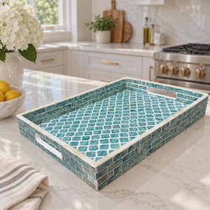 Blue Mother of Pearl Rectangle Tray, Handmade Coastal Serving Decor