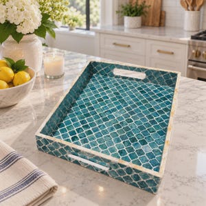 Blue Mother of Pearl Tray, Shell Inlay Rectangular Serving Tray, Coastal Home Decor