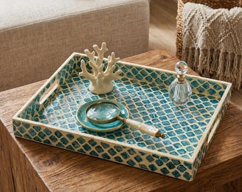 Blue Mother of Pearl Tray, Shell Inlay Rectangular Serving Tray, Coastal Home Decor