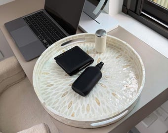 Mother of Pearl Round Tray, Coffee Table Decor, Boho Serving Tray