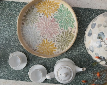 Mother of Pearl Round Serving Platter, Floral Shell Inlay Home Decor