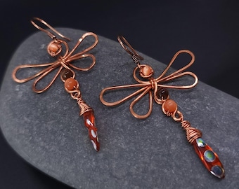 Copper Dragonfly Earrings: Czech Glass Boho Insect Jewelry