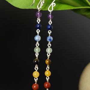 7 Chakra Gemstone Long Dangle Earrings - Boho Healing Crystal Jewelry Gift