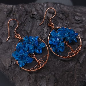 Blue Glass Tree of Life Earrings, Copper
