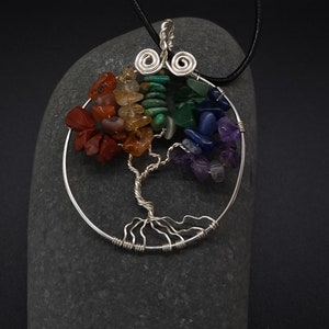 Handcrafted Silver Gemstone Tree of Life Pendant: 7 Chakra Necklace for Spiritual Balance