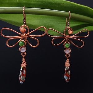 Boho Copper Crystal Dragonfly Earrings: Nature-Inspired Insect Jewelry for Whimsical Style Lovers