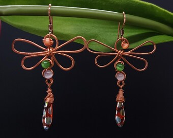Boho Copper Crystal Dragonfly Earrings: Nature-Inspired Insect Jewelry for Whimsical Style Lovers