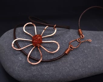 Hammered Copper Orange Daisy Necklace: Earthy Boho Pendant