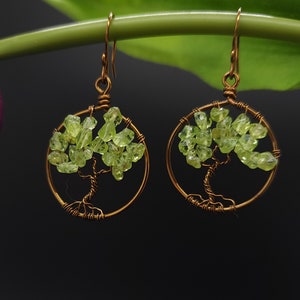 Peridot Tree of Life Earrings, Bronze