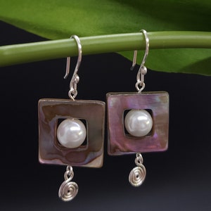 Mother of Pearl Square Earrings, Silver